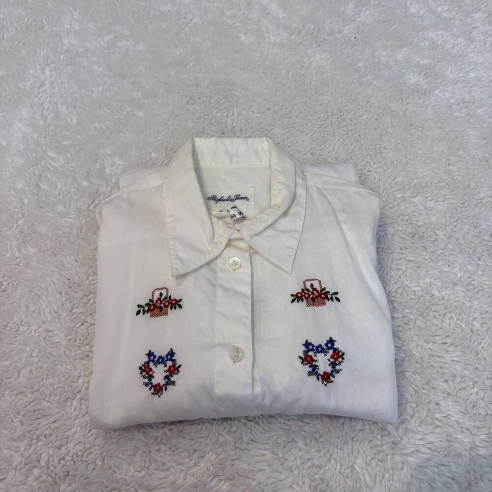 VTG 90s Womens Floral Embroidered Button Up Cotton Cottage Core Tomato Costal M